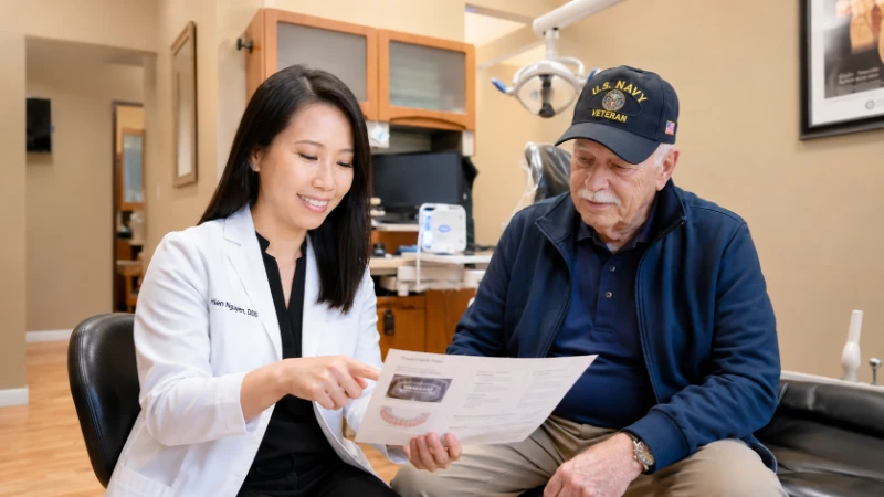 Dentist respectfully reviewing treatment plan with U.S. veteran patient
