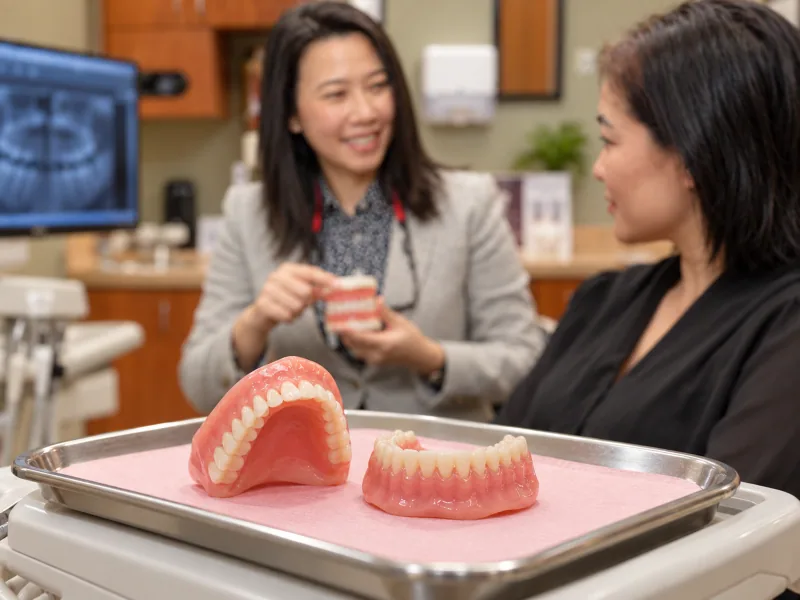 A dentist showing an upper and lower denture model to an adult patient.