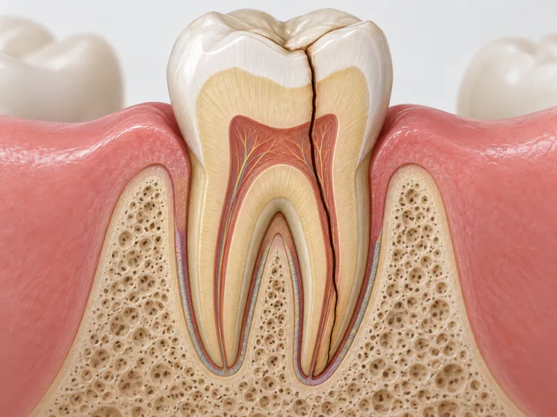 Illustration of a tooth with a deep fracture extending below the gumline.