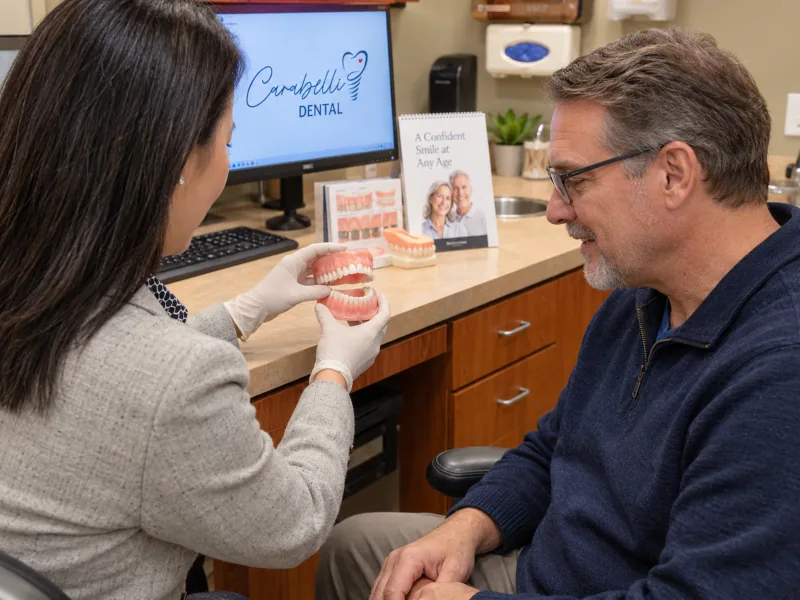 A dentist checking a removable denture on a model during a follow-up consultation.