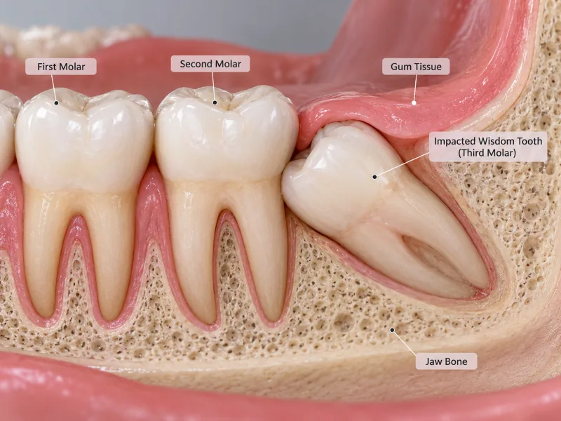Jaw illustration showing an impacted wisdom tooth beside the adjacent molar.