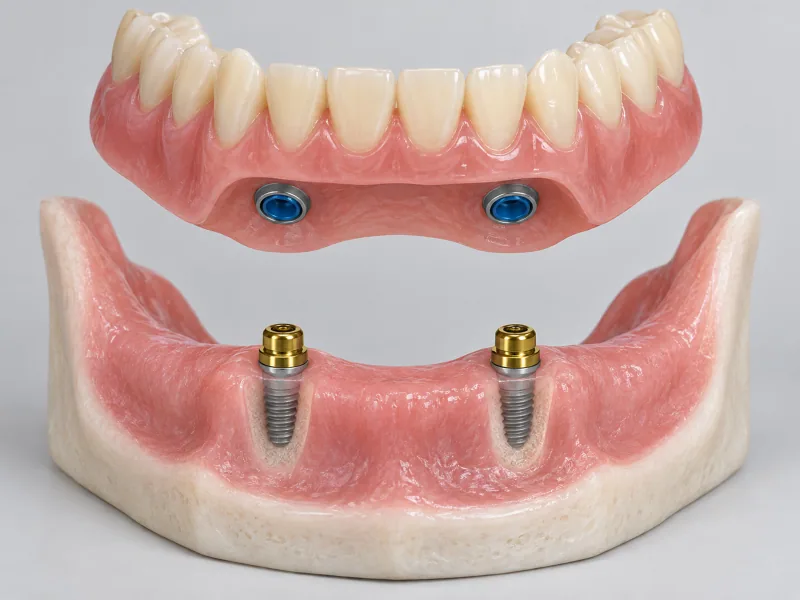 A removable denture model showing attachments to dental implants in the jaw.