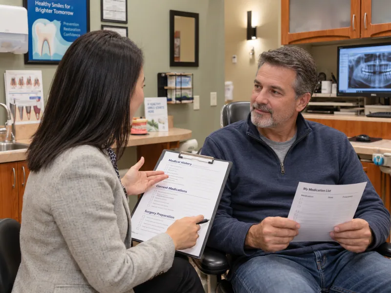 A dentist reviewing a medication list and treatment plan with a patient before oral surgery.