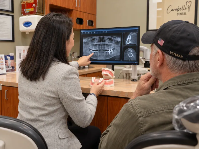 A dentist reviewing jaw imaging and a dental model before planning oral surgery.
