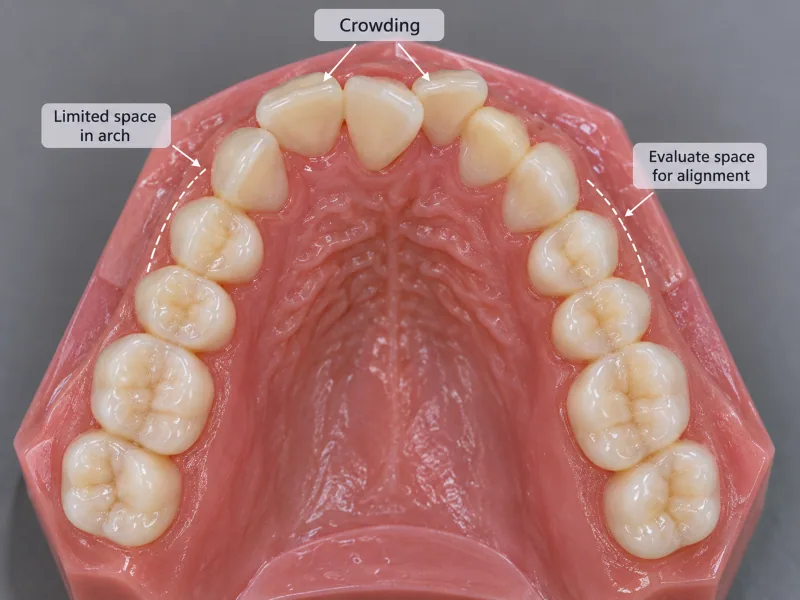 Dental arch model illustrating space planning for orthodontic treatment.