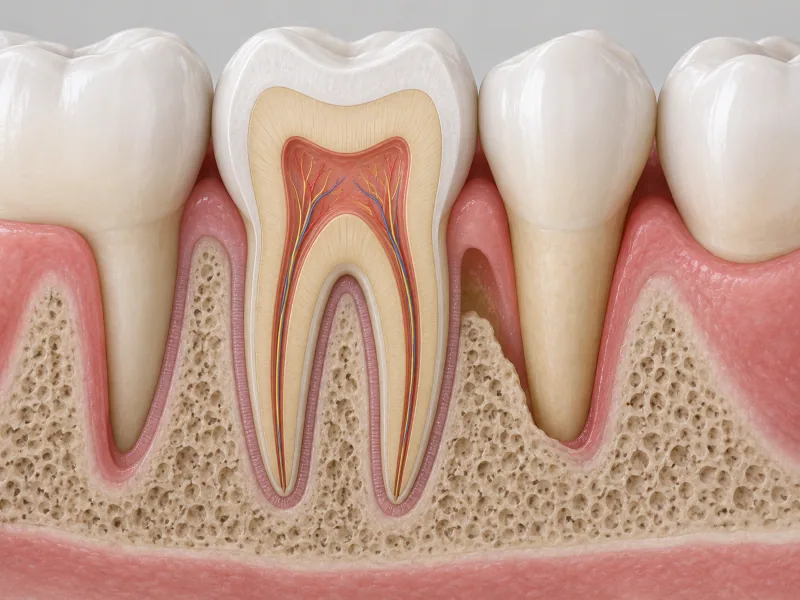 Cutaway illustration showing reduced bone support around a tooth.