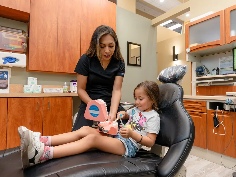 A dental professional demonstrating brushing on a tooth model to a parent and child.