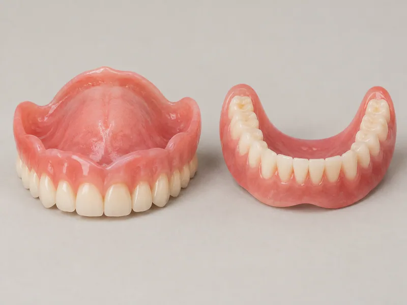 A removable partial denture showing replacement teeth and its supporting framework.