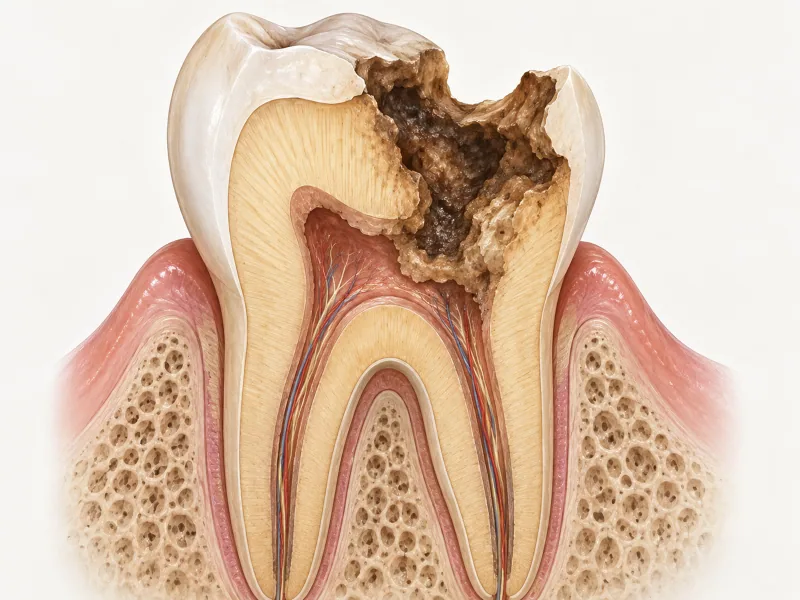 Cutaway illustration of extensive decay affecting the structure of a tooth.