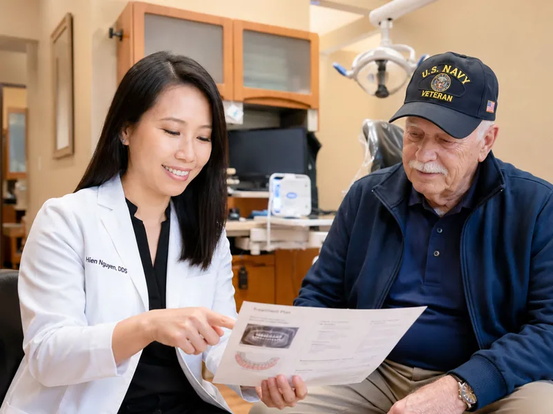 A veteran and dental team member reviewing referral paperwork before a dental visit.